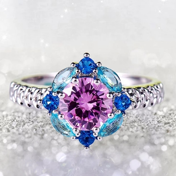 Pink & Blue Sapphires Floral Sterling Silver Ring - Picture 2 of 9